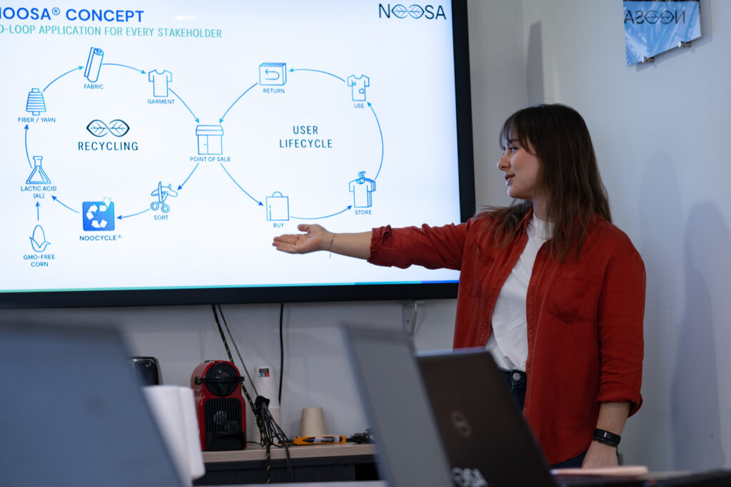 Luna, giving a presentation, pointing to a slide on a screen that outlines the "NOOSA™ Concept".