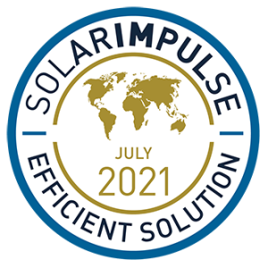 Solar Impulse Efficient Solution label. Shows a world map and text 'July 2021' redirects to NOOSA's page on Solar Impulse website.