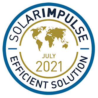 Solar Impulse Efficient Solution label. Shows a world map and text 'July 2021' redirects to NOOSA's page on Solar Impulse website.